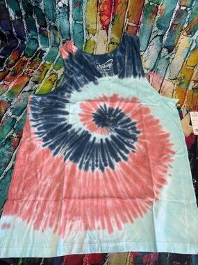 U.S. Vintage Tie-Dye Spiral Tank Top - Coral, Navy & Light Blue size Large